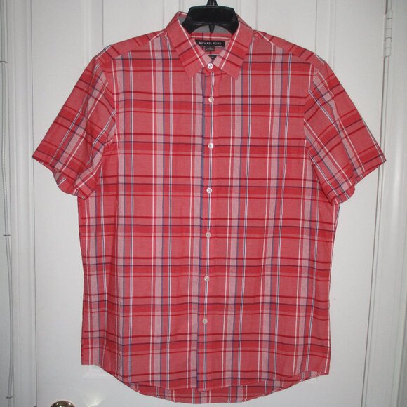 Michael Kors Mens S/S Red Cotton Plaid Casual Shirt NWOT - Size Large - Picture 1 of 2